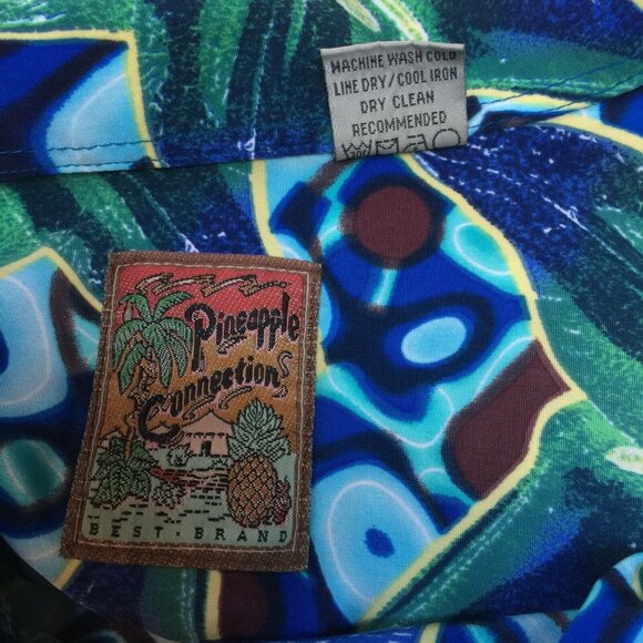 Vintage Pineapple Connection Mens Hawaiian Shirt Size Large Blue Green Floral - Picture 3 of 7